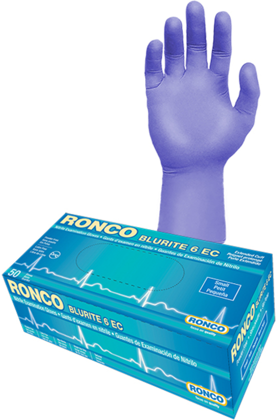 BLURITE 6 EC Nitrile Blue Ext.Cuff Examination Glove PF 6 Mil. Medium 50x10